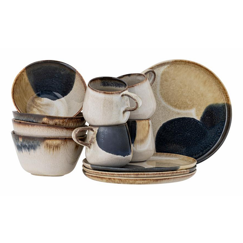 Bloomingville Jules Schüssel-Set 0,75 l Rund Steingut Blau, Braun
