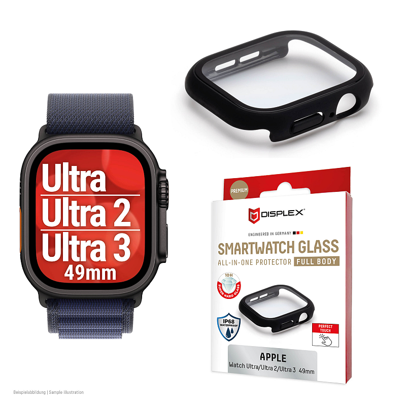 Displex 10H Panzerglas für Apple Watch Ultra 3/Ultra 2/Ultra (49mm), Full Body Schutz, IP68, Snap-On, matt-schwarz