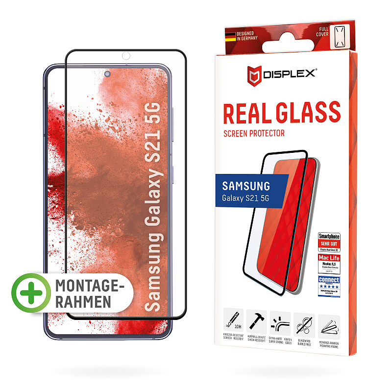 Displex Full Cover Panzerglas (10H) für Samsung Galaxy S21 5G, Eco-Montagerahmen, volle Displayabdeckung, Tempered Glas, kratzer-resistente Schutzfolie, hüllenfreundlich