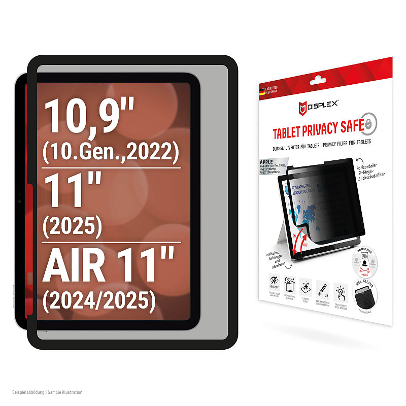 Displex TABLET PRIVACY SAFE Wiederablösbarer 2-Wege Blickschutzfilter für iPad 10,9"(10.)/11" (2025)/Air 11"(2024/2025)