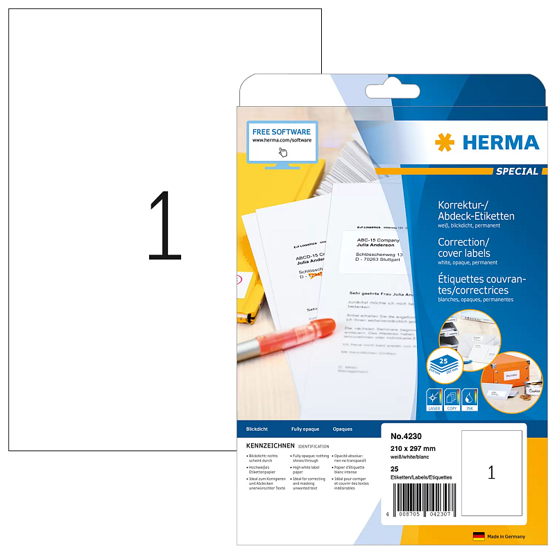 HERMA Korrektur-/Abdecketiketten A4 210x297 mm weiß Papier matt blickdicht 25 St.
