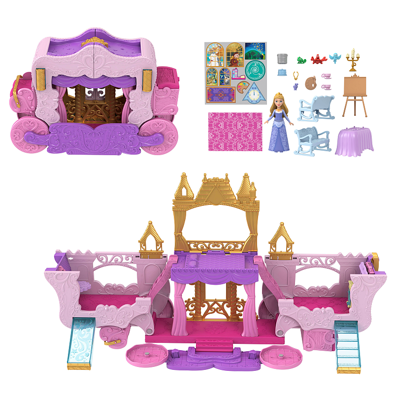 Disney Princess Disney Prinzessin Verwandlungs-Spielset Kutsche zu Schloss mit kleiner Aurora-Puppe, 4 Figuren und 3 Ebenen
