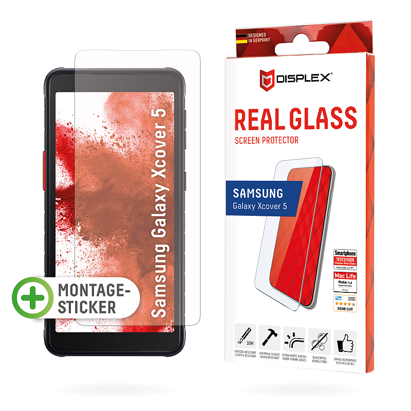 Displex Panzerglas (10H) für Samsung Xcover 5, Montagesticker, Tempered Glas, kratzer-resistente Schutzfolie, hüllenfreundlich
