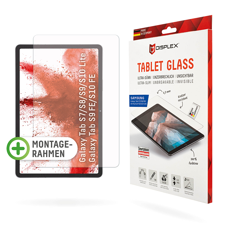 Displex Tablet Glass (9H) für Samsung Galaxy Tab S7/S8/S9/S9 FE/S10 FE/S10 Lite, Eco-Montagerahmen L-Form, unzerbrechlich