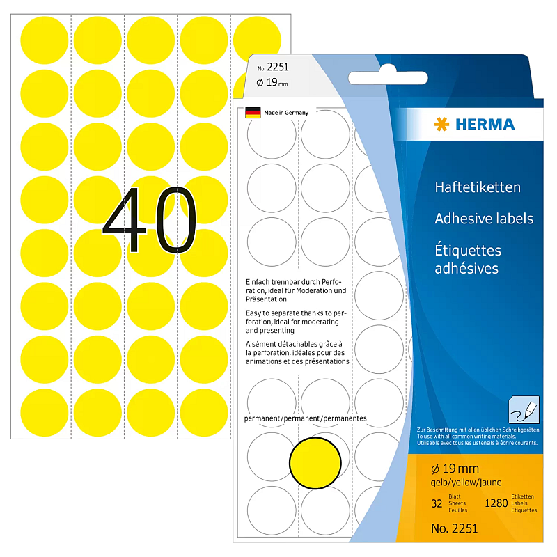 HERMA Vielzwecketiketten/Farbpunkte Ø 19 mm rund gelb Papier matt Trägerpapier perforiert 1280 St.