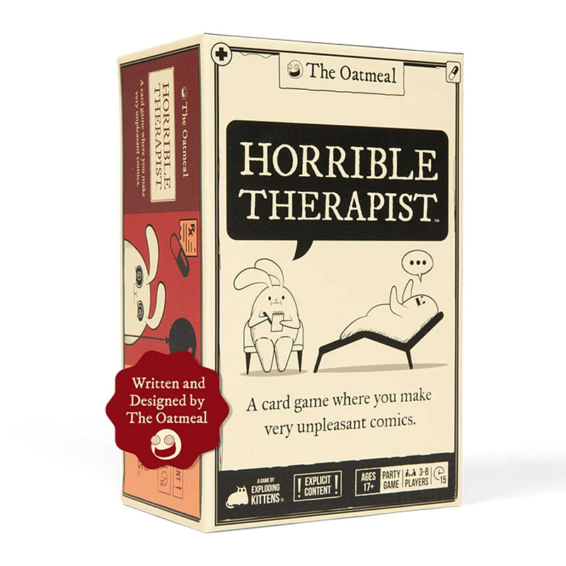 Asmodee Horrible Therapist Therapy can be horrible so we made a game about it.Playing is easy. You’ll make 3 panel comics about it with your friends. You’ll laugh. You’ll gasp. You’ll be mildly offended (in a fun way). But ultimately, you’ll feel great when your intrusive thoughts help you win this adult card game! Perfect for pregaming, parties, or any situation where you need to get rowdy with a group. Kartenspiel