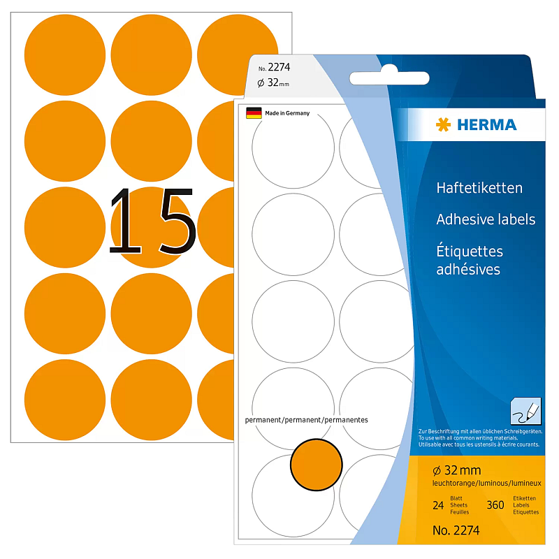 HERMA Vielzwecketiketten/Farbpunkte Ø 32 mm rund leuchtorange Papier matt Handbeschriftung 360 St.