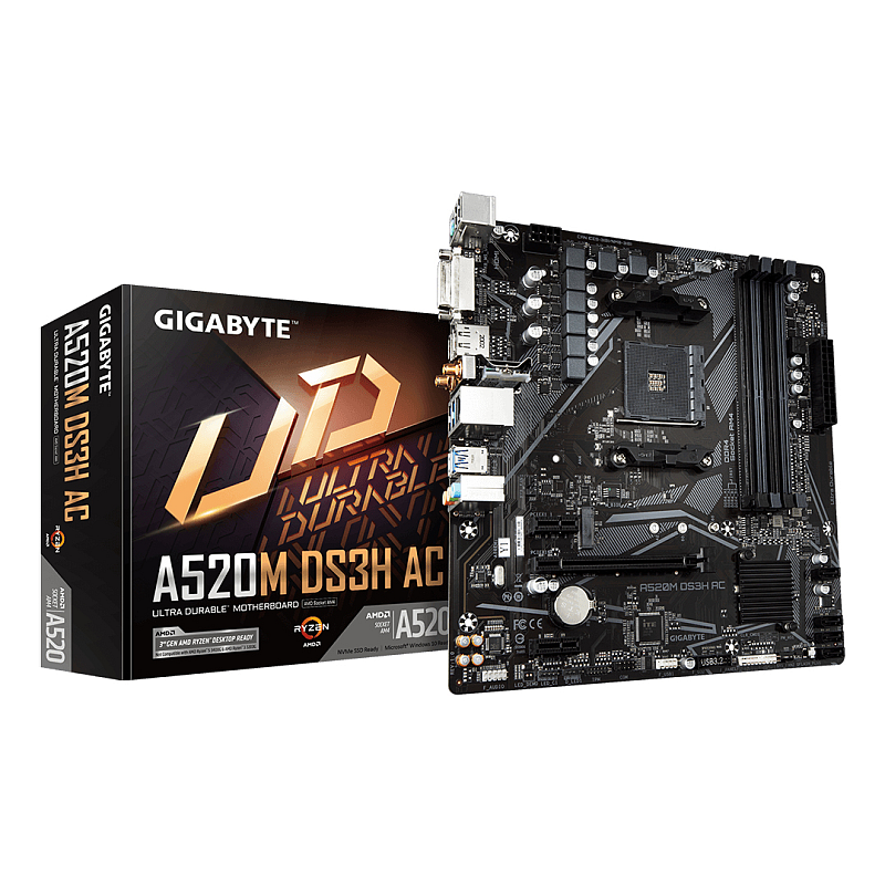 GIGABYTE A520M DS3H AC Mainboard - AMD Ryzen 5000 Serie CPUs, 5+3 Phasen VRM, bis zu 4733 MHz DDR5 (OC), 1xPCIe 3.0 M.2, GbE LAN, WIFI 5, USB 3.2 Gen 1