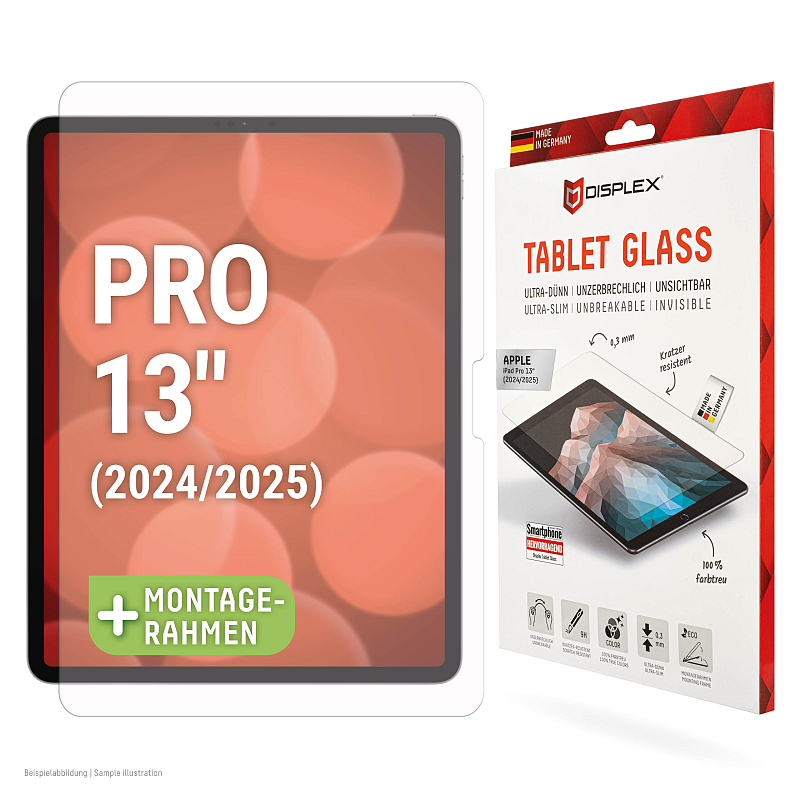 Displex Tablet Glass (9H) für Apple iPad Pro 13'' (2025/2024), Eco-Montagerahmen L-Form, unzerbrechlich