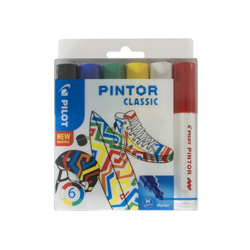Pilot Pintor Classic Marker 6 Stück(e) Rundspitze Schwarz, Blau, Grün, Rot, Weiß, Gelb