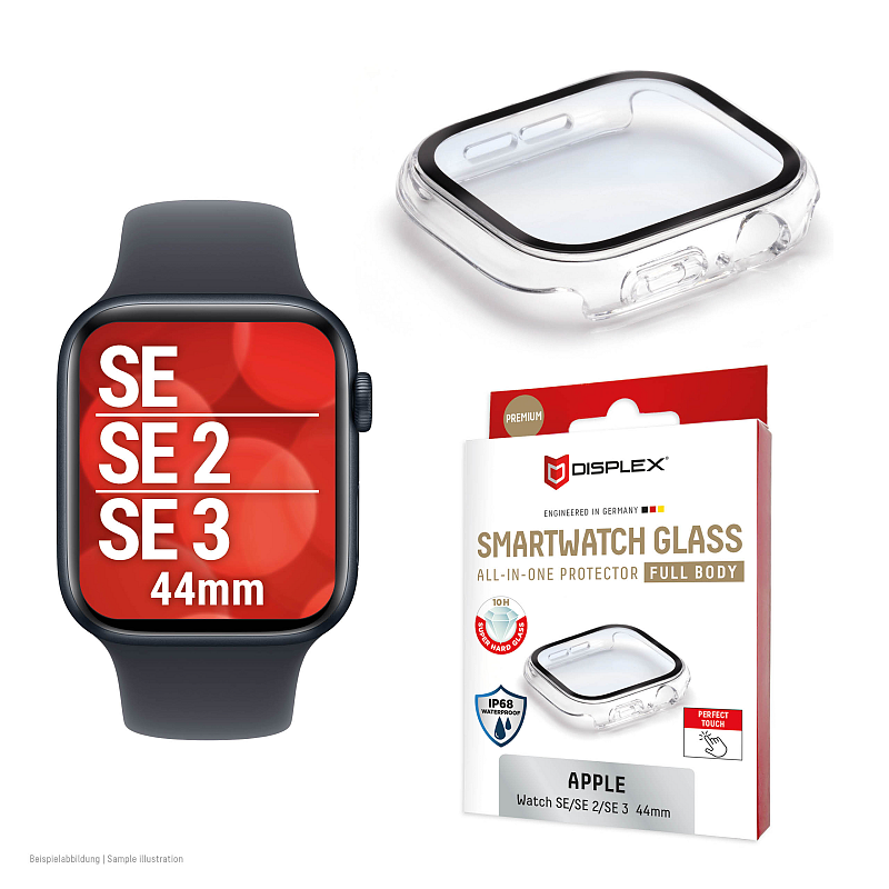 Displex 10H Panzerglas für Apple Watch SE3/SE2/SE (44mm), Full Body Schutz, IP68, Snap-On, transparent