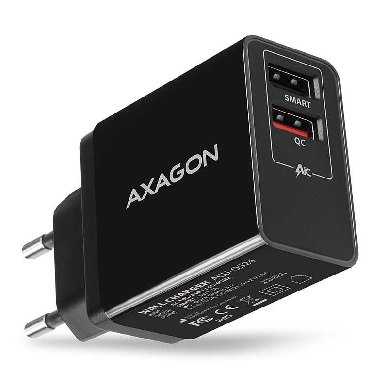 Axagon ACU-QS24 QUICK SMART Wandladegerät, 2x USB port QC3.0/AFC/FCP + 5V-1.2A, 24W