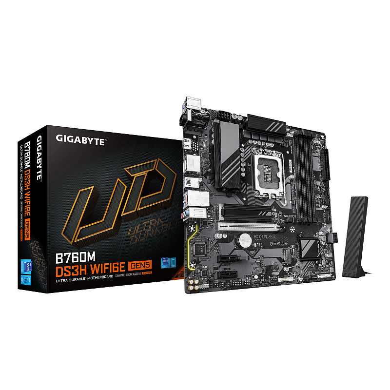 GIGABYTE B760M DS3H WIFI6E GEN5 Mainboard – Unterstützt Intel Core Prozessoren der 14. Generation, 6+2+1 Phasen Digital-VRM, bis zu 5600 MHz DDR5, 2 x PCIe 4.0 M.2, Wi-Fi 6E, 2.5 GbE LAN, USB 3.2 Gen2