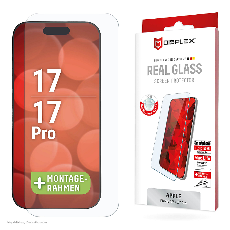 Displex Panzerglas (10H, 2D) für Apple iPhone 17/17 Pro, Eco-Montagerahmen, kratzer-resistent