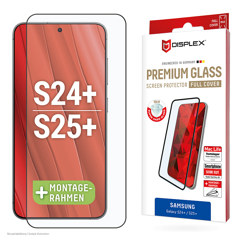 Displex Panzerglas (10H) für Samsung Galaxy S24+/S25+, Eco-Montagerahmen, Full Cover