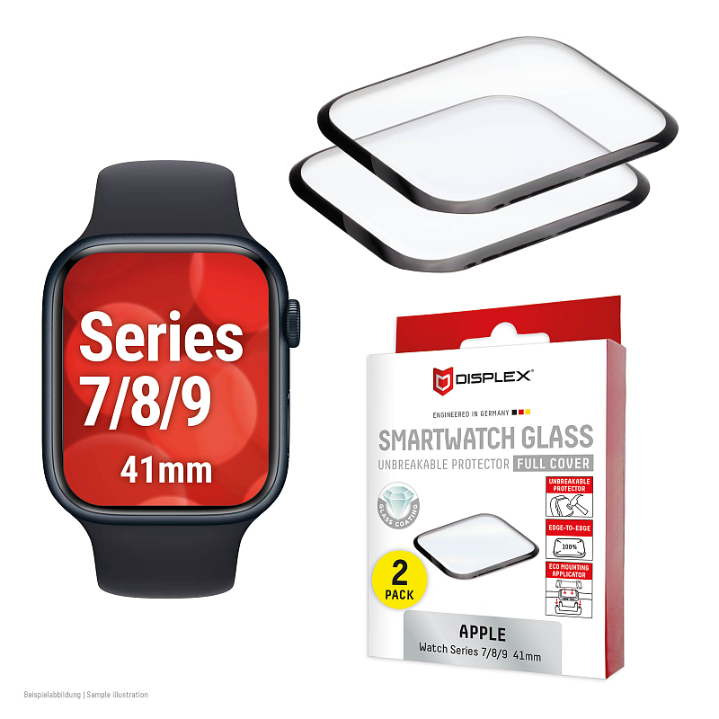 Displex Unzerbrechliches Full Cover Smart Glass Apple Watch 9/8/7 (41mm), 2 Stück, Edge-to-Edge, Anti-Fingerprint