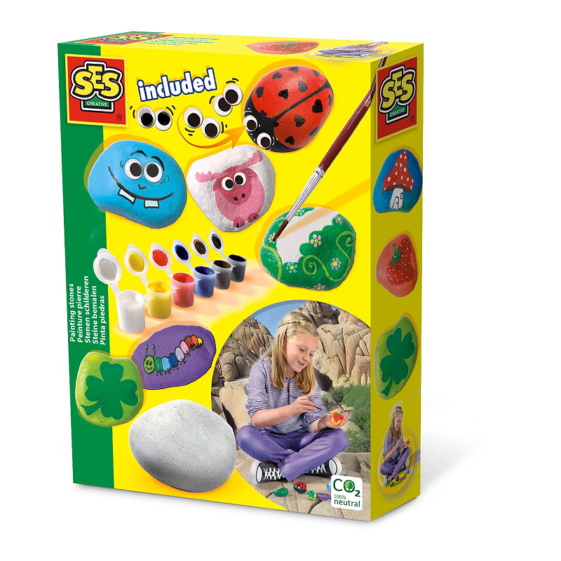 SES Creative 14818 – Steine Bemalen Set, Inklusive Farben und Pinsel, Kreativität für Kinder