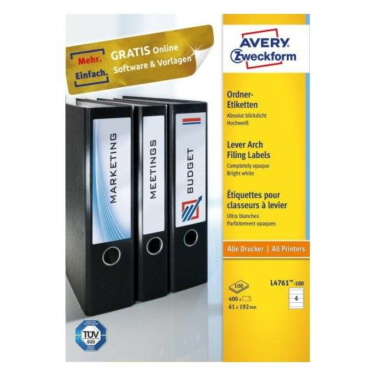 Avery L4761-100 selbstklebendes Etikett Abgerundetes Rechteck Permanent Weiß 400 Stück(e)