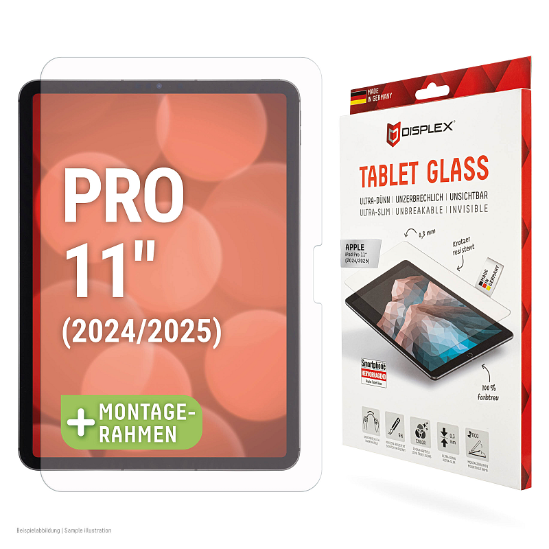 Displex Tablet Glass (9H) für Apple iPad Pro 11'' (2025/2024), Eco-Montagerahmen L-Form, unzerbrechlich