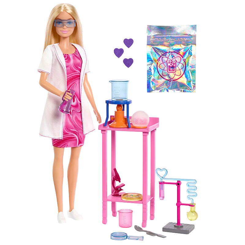 Barbie Wissenschaftlerin-Puppe und Zubehör mit blonder Modepuppe, Labortisch und Farbwechsel-Zubehör