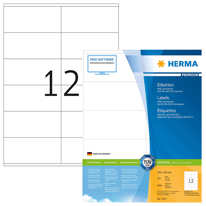HERMA Etiketten Premium A4 105x48 mm weiß Papier matt 6000 St.