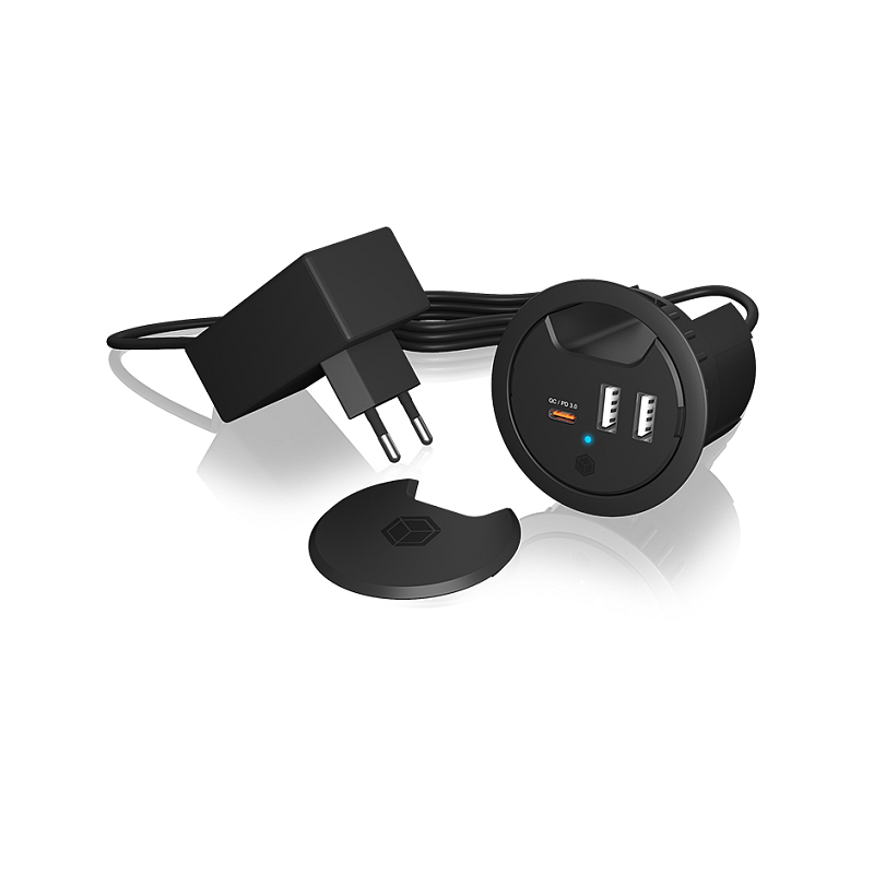 ICY BOX IB-HUB1407 In-Desk 3-Port Charger, 2x USB-A, 1x USB-C, für 60 mm Bohrungen, schwarz