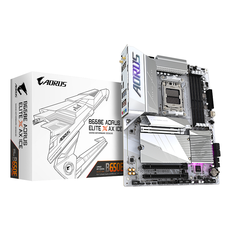 GIGABYTE B650E AORUS ELITE X AX ICE Mainboard - AMD Ryzen 9000er-Serie, 12+2+2 Phasen VRM, bis zu 8000 MHz DDR5 (OC), 1xPCIe 5.0 + 2xPCIe 4.0 M.2, 2,5 GbE LAN, WIFI 6E, USB 3.2 Gen 2