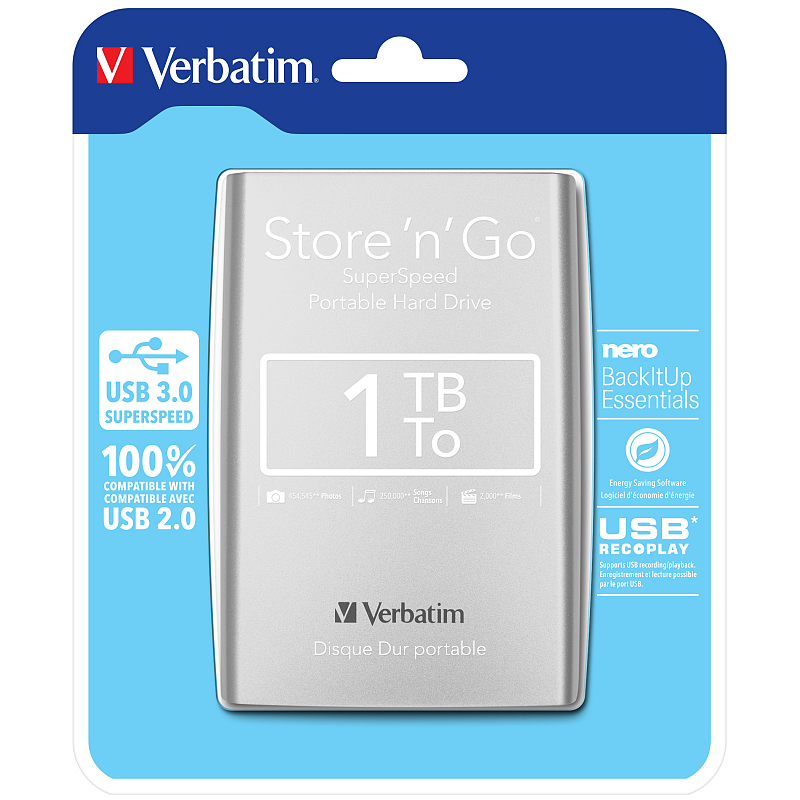 Verbatim Portables Festplattenlaufwerk Store 'n' Go USB 3.0, 1 TB, Silber