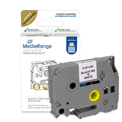 MediaRange Kunststoff-Schriftbandkassette, für/ersetzt Brother TZ-221/TZe-221, permanent haftend, 9mm, 8m, laminiert, schwarz auf weiß
