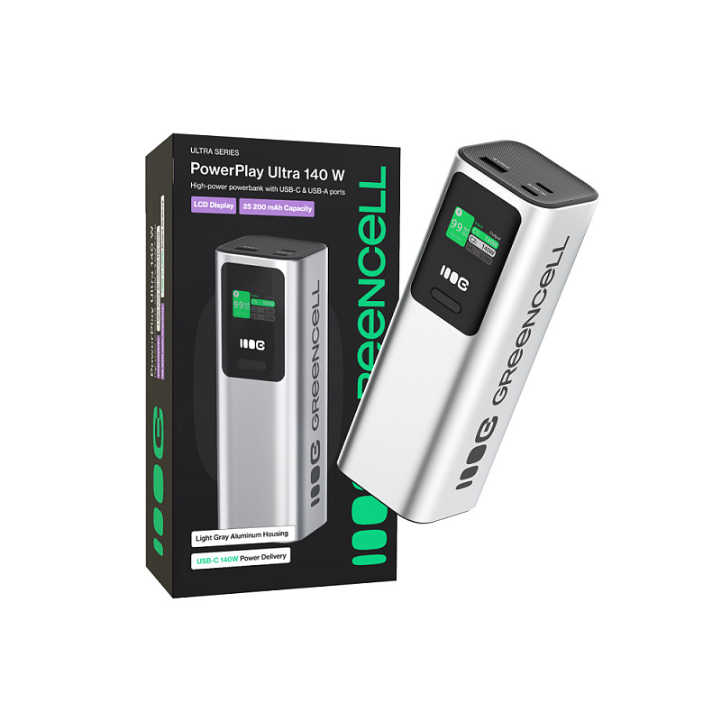 Green Cell GC PBGC25UD - Powerbank PBGC25UD, 25200 mAh, 140 W, 1x USB-A, 2x USB-C Lithium-Ion (Li-Ion) Aluminium, Schwarz, Silber
