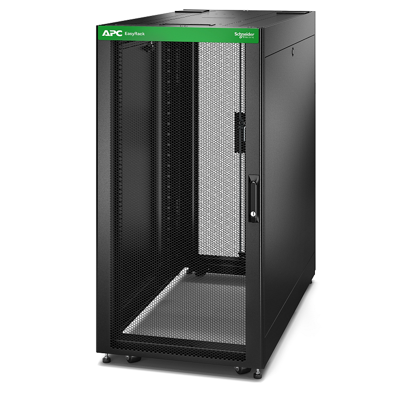 APC Easy Rack 600mm/24HE/1000mm mit Dach, Seitenwand, Rollen, Füßen und 4 Halterungen, ohne Boden, schwarz