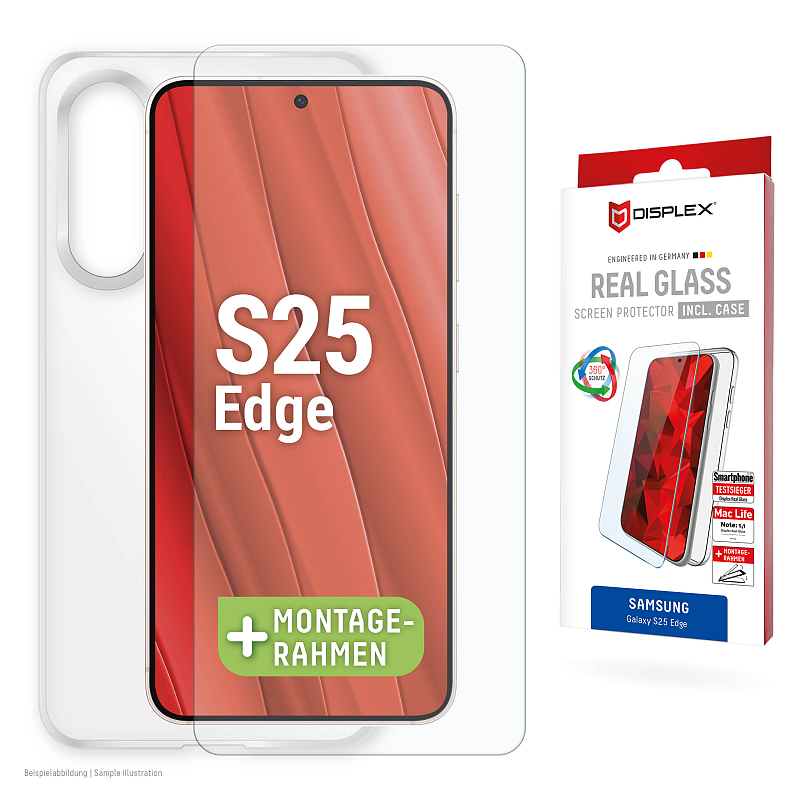 Displex Panzerglas + Schutzhülle für Samsung Galaxy S25 Edge, Eco-Montagerahmen, kratzer-resistent