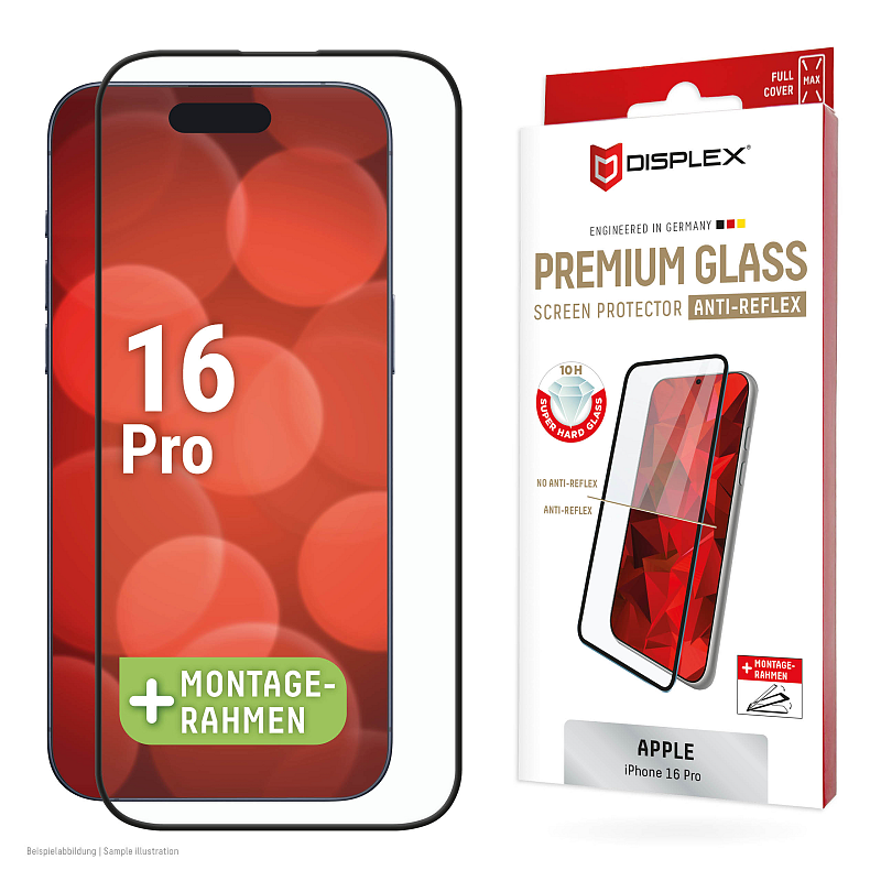 Displex Premium Anti-Reflex Panzerglas (super-entspiegelt, FC, 10H) für Apple iPhone 16 Pro, Eco-Montagerahmen, Full Cover