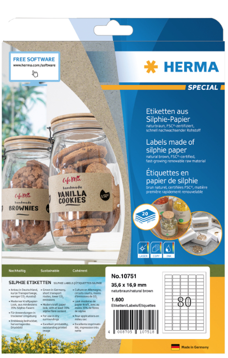 HERMA 10751 selbstklebendes Etikett Rechteck Permanent Braun 16000 Stück(e)