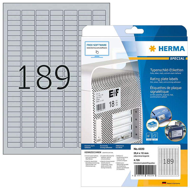 HERMA Typenschildetiketten A4 25x10 mm silber extrem stark haftend Folie matt 4725 St.