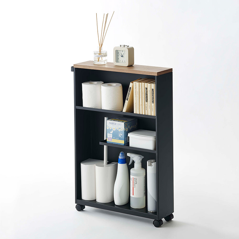Yamazaki 4307 Etagère & Platzsparer für Badezimmer Schwarz Stahl, Holz