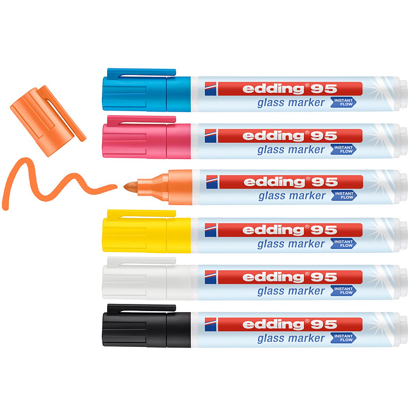 Edding 95 Glass Marker 6 Stück(e) Rundspitze Schwarz, Blau, Orange, Pink, Weiß, Gelb