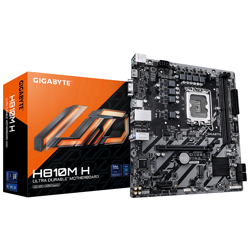 GIGABYTE H810M H Mainboard – Intel Core Ultra (Serie 2) CPUs, 4+1+2 Phasen VRM, bis zu 6400 MHz DDR5, 1xPCIe 4.0 M.2, 1GbE LAN, USB 3.2 Gen 1
