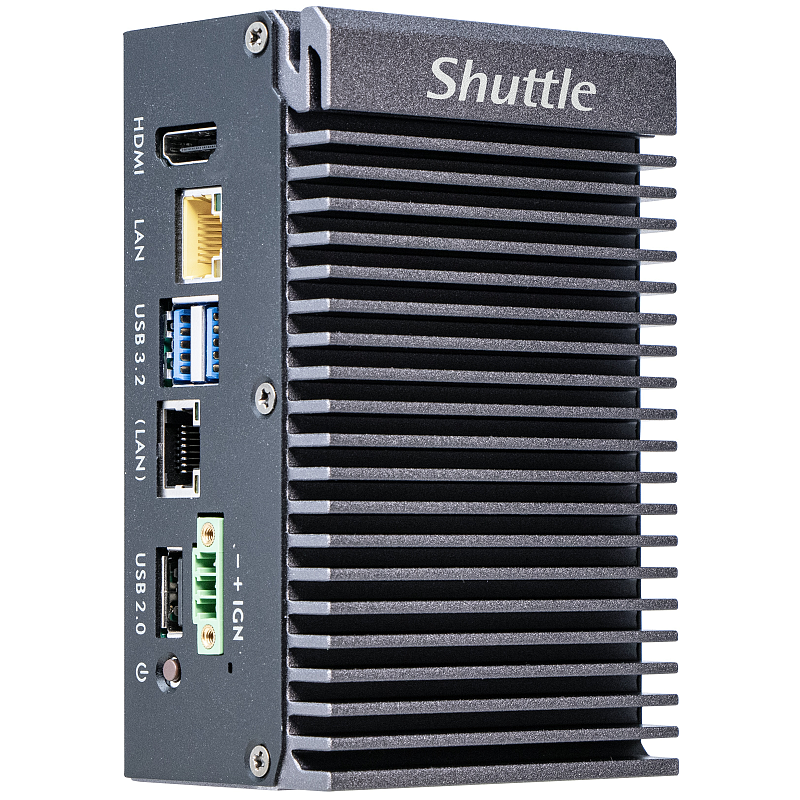 Shuttle Edge PC SPCEL03 , Intel Atom x6413E, 1x HDMI, 2x 2.5G LAN, 1x COM, DIO (4x in, 4x out), 3x USB, 2x M.2, 12-24V, 24/7 Dauerbetrieb, lüfterlos, -20...60°C, inkl. VESA & DIN-RAIL mount
