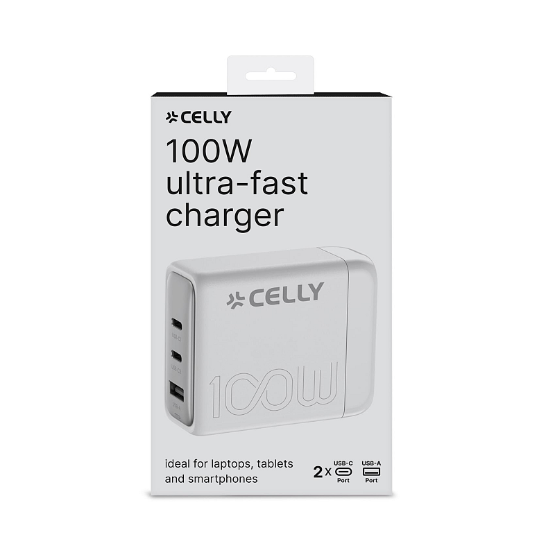 Celly PS3GAN100WWH Ladegerät für Mobilgeräte Universal Weiß AC, USB Schnellladung Drinnen
