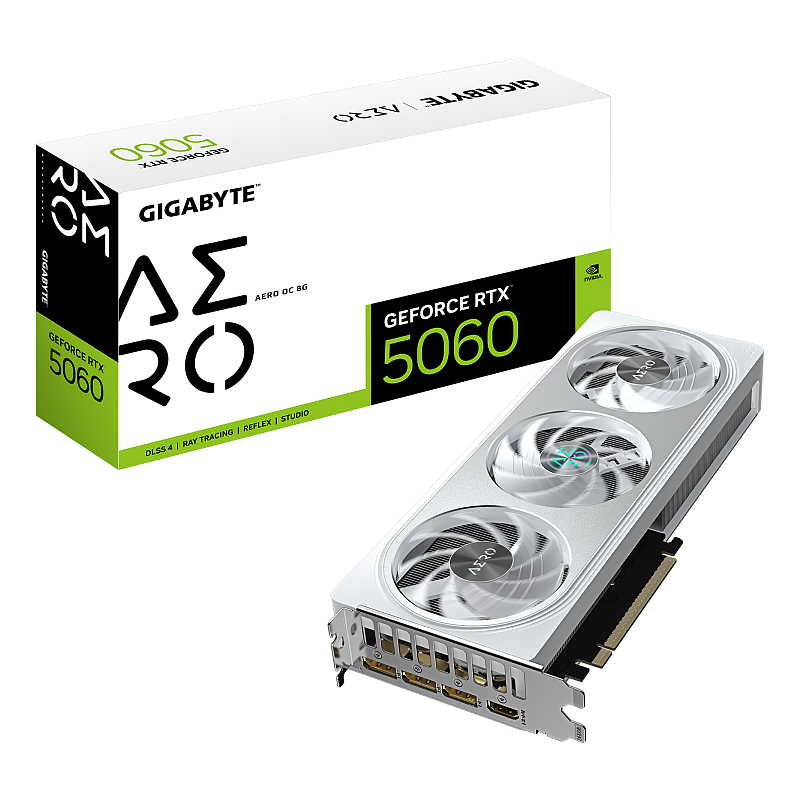 GIGABYTE GeForce RTX 5060 AERO OC 8G Grafikkarte - 8GB GDDR7, 128bit, PCI-E 5.0, 2595 MHz Kerntakt, 3 x DisplayPort, 1 x HDMI, GV-N5060AERO OC-8GD