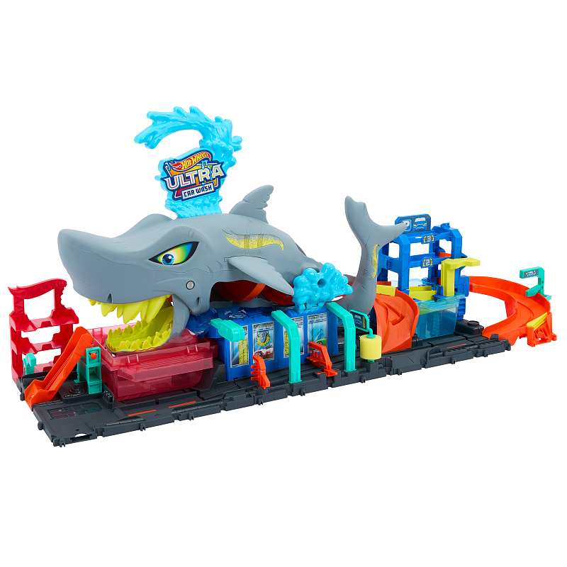 Hot Wheels City Ultimative Hai-Autowaschanlage mit Farbwechsel-Spielzeugauto im Maßstab 1:64