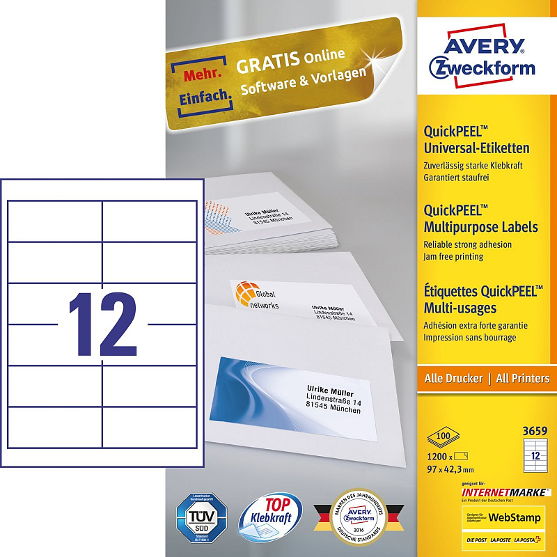 Avery 3659 selbstklebendes Etikett Rechteck Permanent Weiß 1200 Stück(e)