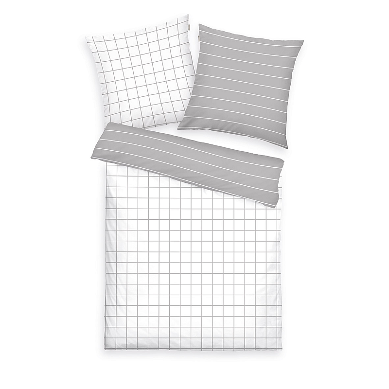 HERDING TOM TAILOR Bettwäsche-Set 'Check & Stripes Light Grey & Crisp White' - 80-x-80-cm-155-x-220-cm