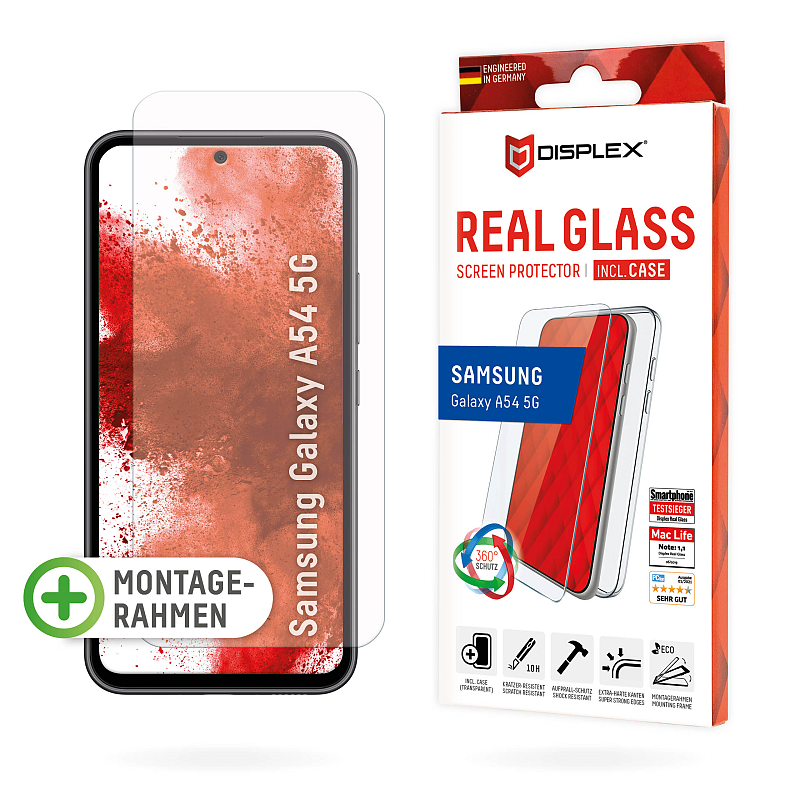 Displex Panzerglas (10H) + Case für Samsung Galaxy A54 5G, Eco-Montagerahmen, + Case, Tempered Glas, kratzer-resistente Schutzfolie