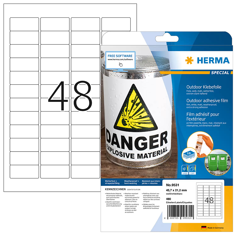 HERMA Etiketten A4 Outdoor Klebefolie 45.7x21.2 mm weiß extrem stark haftend Folie matt wetterfest 480 St.