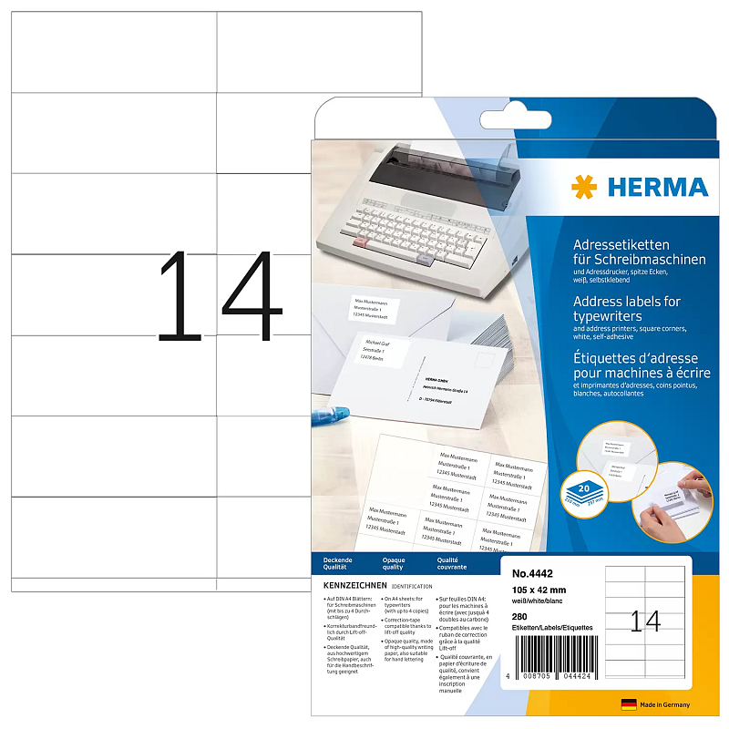 HERMA Adressetiketten für Schreibmaschinen A4 105x42 mm Papier matt Ecken spitz 280 St.