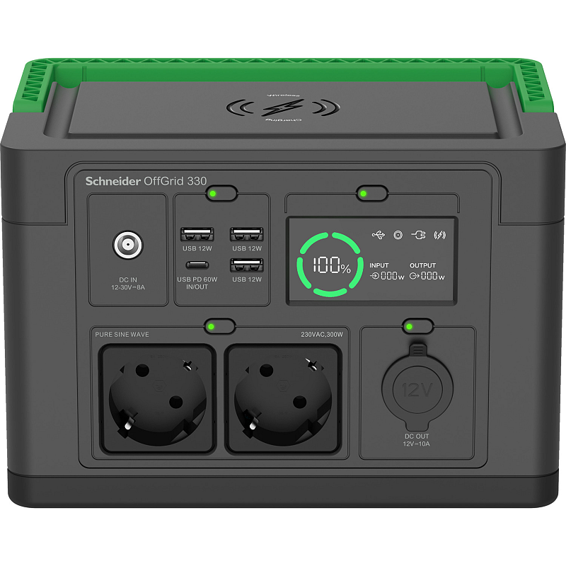 APC SE OffGrid Portable Power Station 330 – Li-Ionen-Akku, LCD, 2x Schuko Ausgänge, 3x USB-A, 1x USB-C, 1x 12V, kabelloses Ladegerät