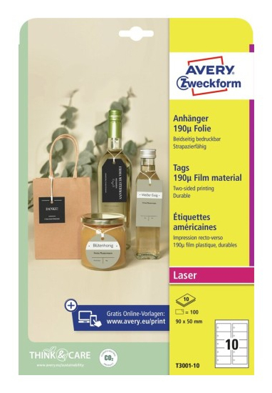 Avery T3001-10 Adressaufkleber Nicht-haftendes Etikett Weiß