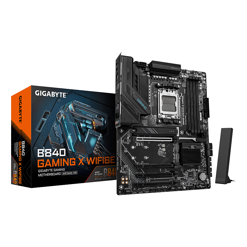 GIGABYTE B840 GAMING X WIFI6E Mainboard - AMD Ryzen 9000 Prozessoren, 12+2+2 Phasen VRM, bis zu 7600MHz DDR5(O.C), 2xPCIe 4.0 + 1xPCIe 3.0 M.2, Wi-Fi 6E, 2.5GbE LAN, USB 3.2 Gen 2